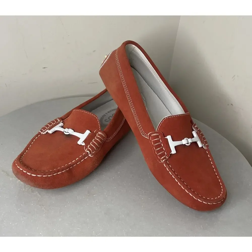 Tod’s Gommino Rust Suede Leather Driving Loafers White Horsebit Buckle 39 / 8.5